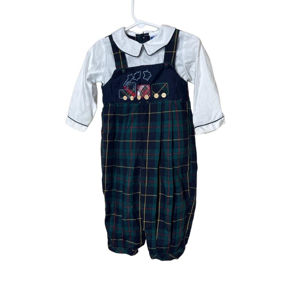CARRIAGE BOUTIQUES Outfit Boys 12M Plaid Overalls‎ Train Vintage Classic